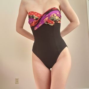 Vintage Slimsuit Strapless Black One Piece with Abstract Printed Bodice, Size 8